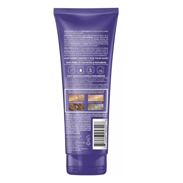 L’Oreal Paris Sulfate Free Brass Toning Purple Shampoo for Blonde, Bleached, Silver, or Brown Highlighted Hair, EverPure, 6.8 Fl Oz 