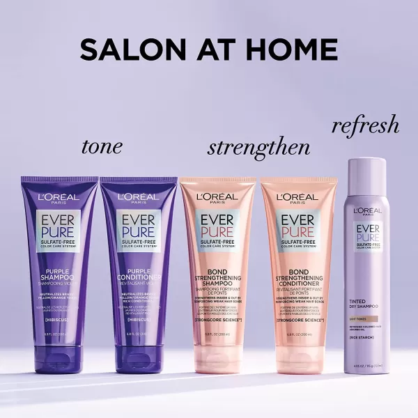 L’Oreal Paris Sulfate Free Brass Toning Purple Shampoo for Blonde, Bleached, Silver, or Brown Highlighted Hair, EverPure, 6.8 Fl Oz 