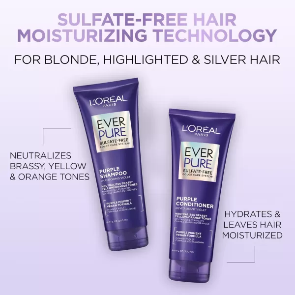 L’Oreal Paris Sulfate Free Brass Toning Purple Shampoo for Blonde, Bleached, Silver, or Brown Highlighted Hair, EverPure, 6.8 Fl Oz 