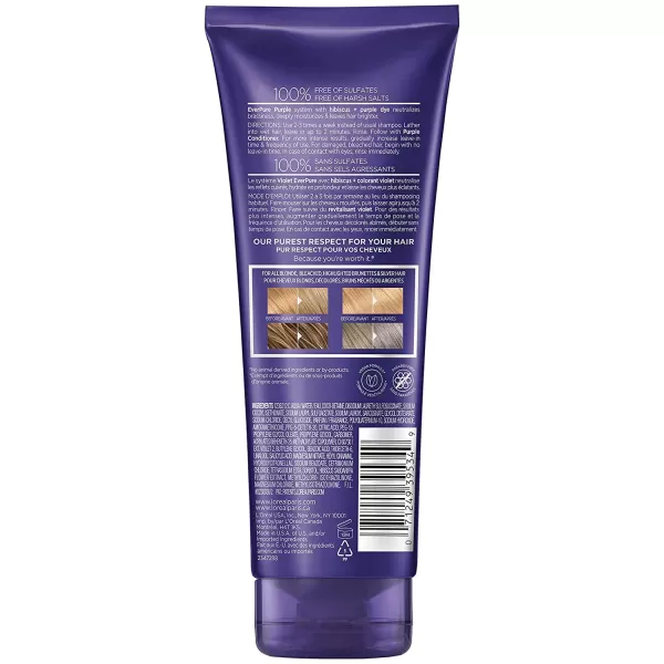 L’Oreal Paris Sulfate Free Brass Toning Purple Shampoo for Blonde, Bleached, Silver, or Brown Highlighted Hair, EverPure, 6.8 Fl Oz 