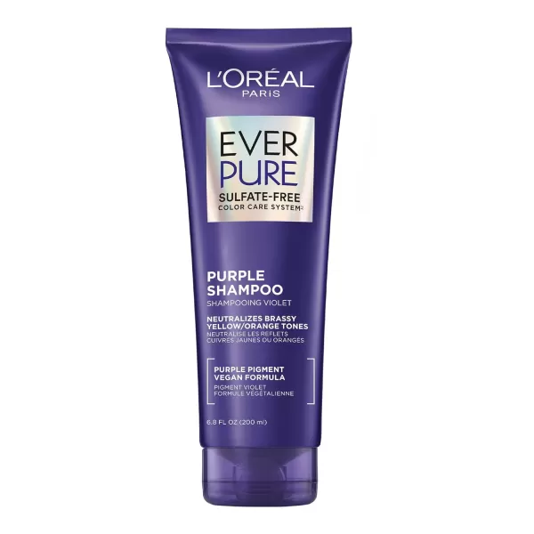 L’Oreal Paris Sulfate Free Brass Toning Purple Shampoo for Blonde, Bleached, Silver, or Brown Highlighted Hair, EverPure, 6.8 Fl Oz 