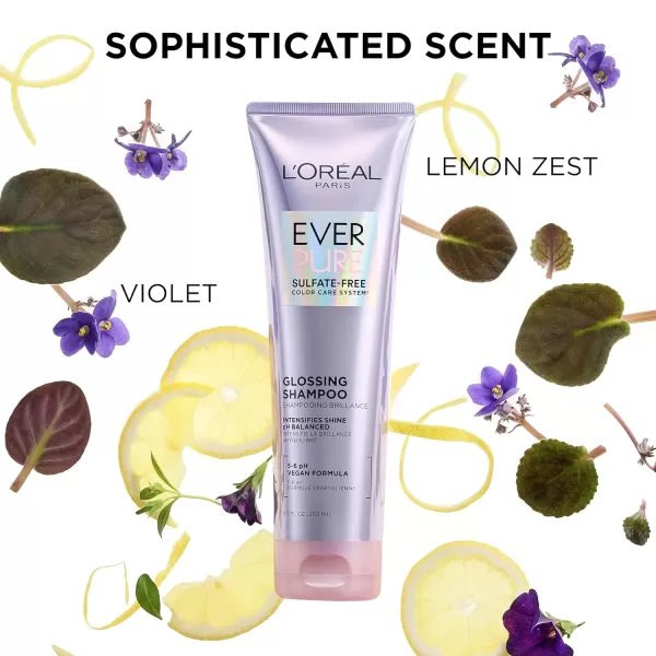 L'Oreal Paris Sulfate Free Glossing Shampoo, Intensifies Hair Shine &amp; Smoothness, pH Balanced &amp; Argan Oil Infused Vegan Hair Care, EverPure, 8.5 Fl Oz