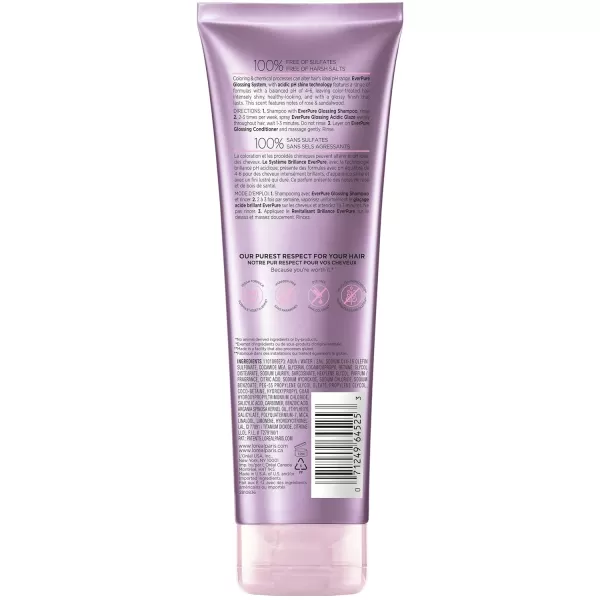 L'Oreal Paris Sulfate Free Glossing Shampoo, Intensifies Hair Shine &amp; Smoothness, pH Balanced &amp; Argan Oil Infused Vegan Hair Care, EverPure, 8.5 Fl Oz
