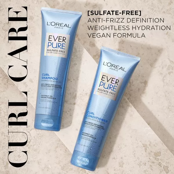 L'Oreal Paris Sulfate Free Shampoo and Conditioner for Curly Hair, Lightweight, Anti-Frizz Hair Care with Coconut Oil, EverPure, 8.5 Fl Oz, Set of 2 