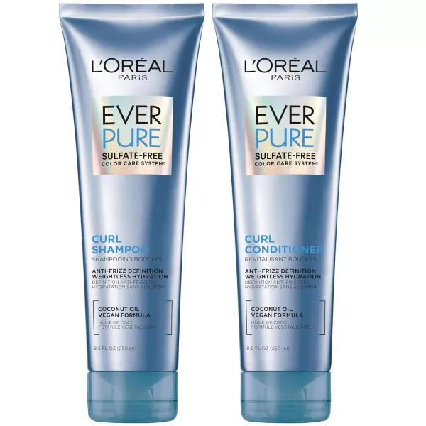 L'Oreal Paris Sulfate Free Shampoo and Conditioner for Curly Hair, Lightweight, Anti-Frizz Hair Care with Coconut Oil, EverPure, 8.5 Fl Oz, Set of 2 
