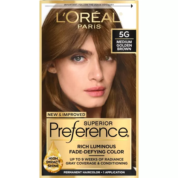 L'Oreal Paris Superior Preference Fade-Defying + Shine Permanent Hair Color, 5G Medium Golden Brown, Pack of 1, Hair Dye