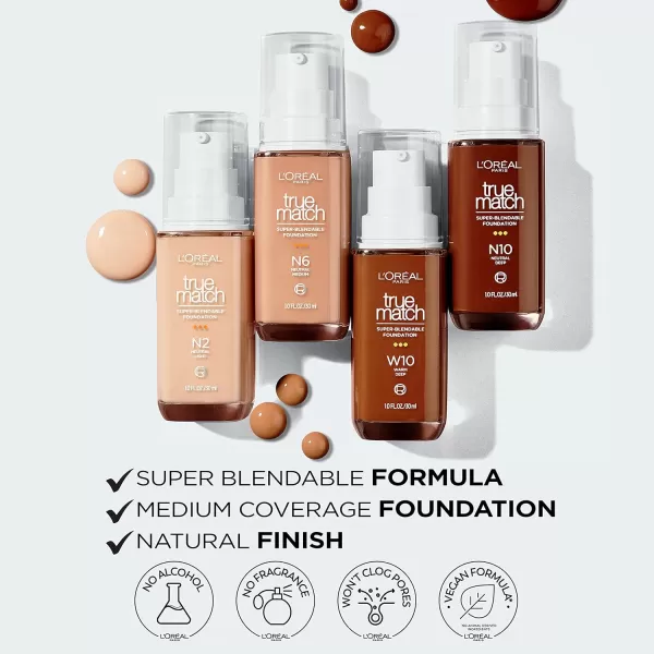 L'Oreal Paris True Match Super-Blendable Foundation, Medium Coverage Liquid Foundation Makeup, W8, Medium Deep, 1 Fl Oz