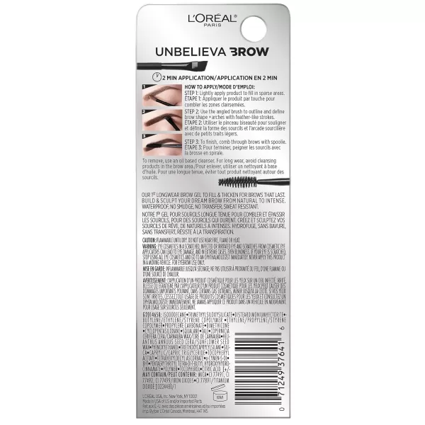 L'Oreal Paris Unbelieva-Brow Longwear Waterproof Tinted Brow Gel, Smudge-resistant, Transfer- Proof, Quick Drying, Easy and quick application with precise brush, Blonde, 0.15 fl. oz.