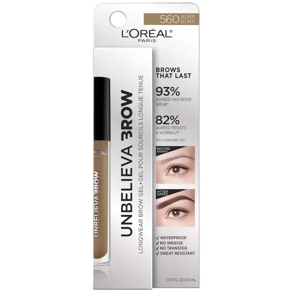 L'Oreal Paris Unbelieva-Brow Longwear Waterproof Tinted Brow Gel, Smudge-resistant, Transfer- Proof, Quick Drying, Easy and quick application with precise brush, Blonde, 0.15 fl. oz.