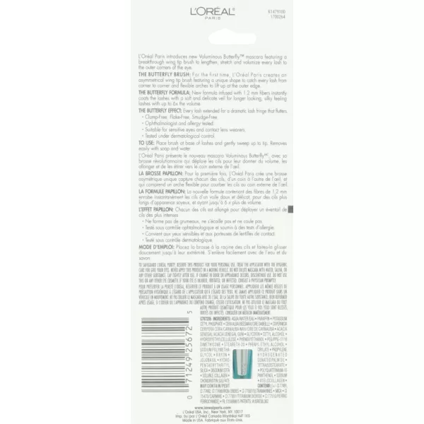 L'Oreal Paris Voluminous Butterfly Mascara, Washable, Blackest Black, 0.22 Fl. Oz., 1 Count