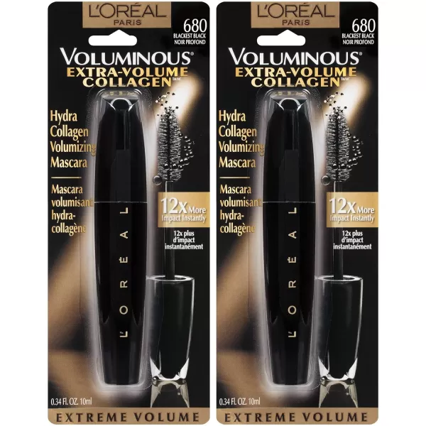 L'Oreal Paris Voluminous Extra Volume Collagen Plumping Mascara, Blackest Black, 0.34 Fl Oz, 2 Count