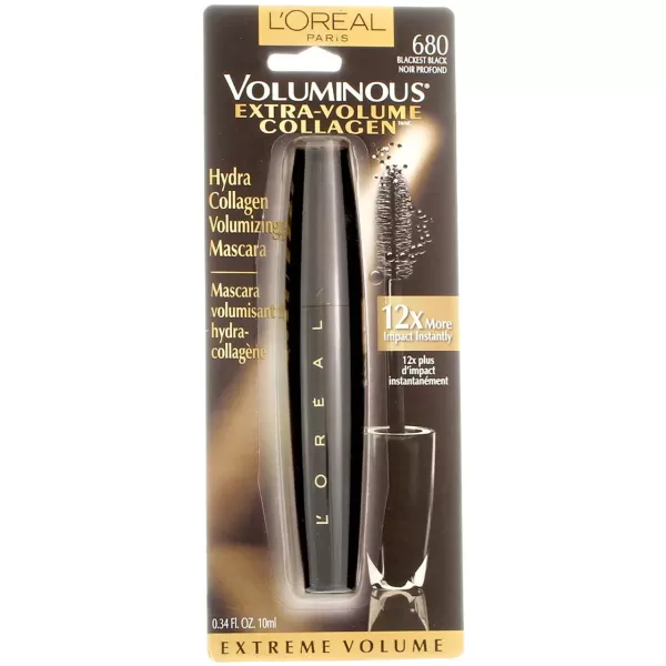 L'Oreal Paris Voluminous Extra Volume Collagen Plumping Mascara, Blackest Black, 0.34 Fl Oz, 2 Count