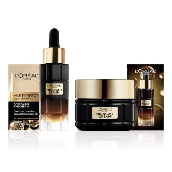 L'Oreal Paris Age Perfect Anti-Aging Midnight Face Serum 1 oz + Midnight Cream 1.7 oz, Smooths Wrinkles &amp; Firms Skin + Eye Cream &amp; Serum Sample