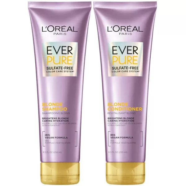 L'Oreal Paris Blonde Sulfate Free Shampoo and Conditioner for Color-Treated Hair, Neutralizes Brass + Balances, EverPure, 8.5 Fl Oz, Set of 2