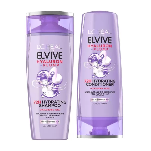 L'Oreal Paris Elvive Hyaluron Plump Hydrating Shampoo &amp; Conditioner for Dehydrated, Dry Hair Infused with Hyaluronic Acid Care Complex, Paraben-Free, 12.6 Fl Oz