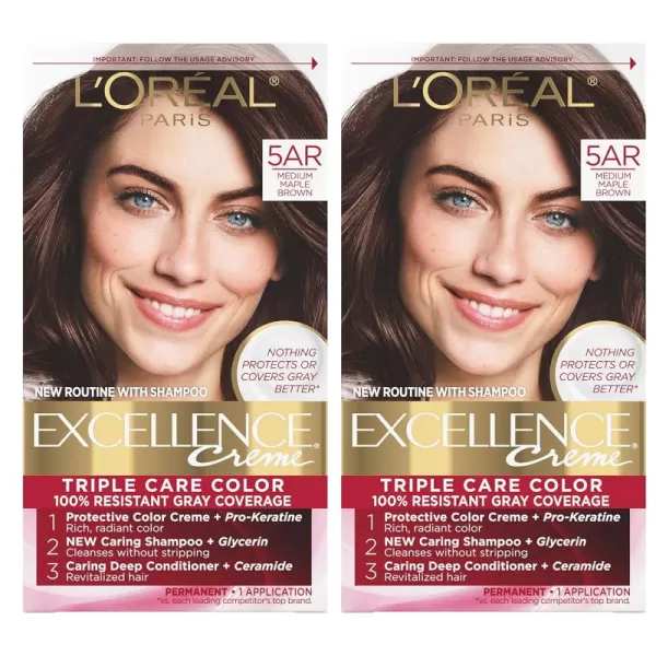 L'Oreal Paris Excellence Creme Permanent Hair Color, 4 Dark Brown, 100 percent Gray Coverage Hair Dye, Pack of 2