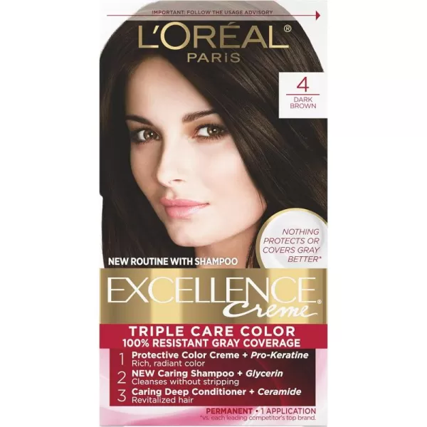 L'Oreal Paris Excellence Creme Permanent Hair Color, 4 Dark Brown, 100 percent Gray Coverage Hair Dye, Pack of 2