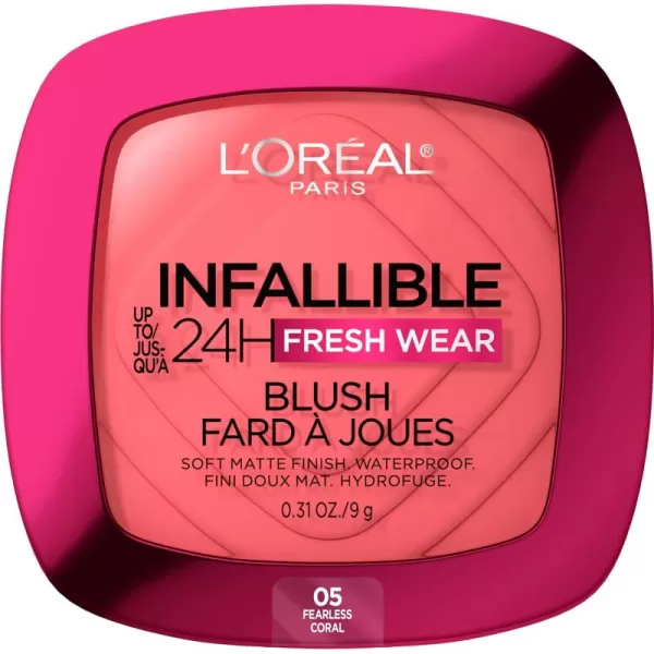 L'Oreal Paris Infallible Up to 24H Fresh Wear Soft Matte Blush, Blendable, Long-Lasting and Waterproof Cheek Make Up, Fearless Coral 05, 0.31 Oz