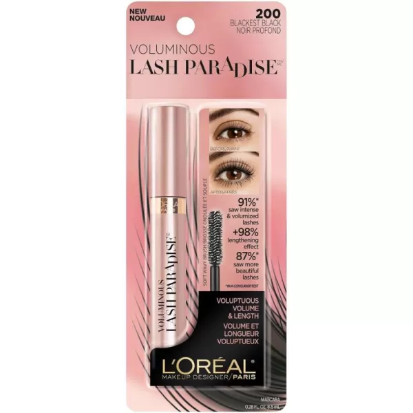 L'Oreal Paris Makeup Lash Paradise Mascara, Voluptuous Volume, Intense Length, Feathery Soft Full Lashes, No Flaking, No Smudging, No Clumping, Black, 0.25 Fl Oz 