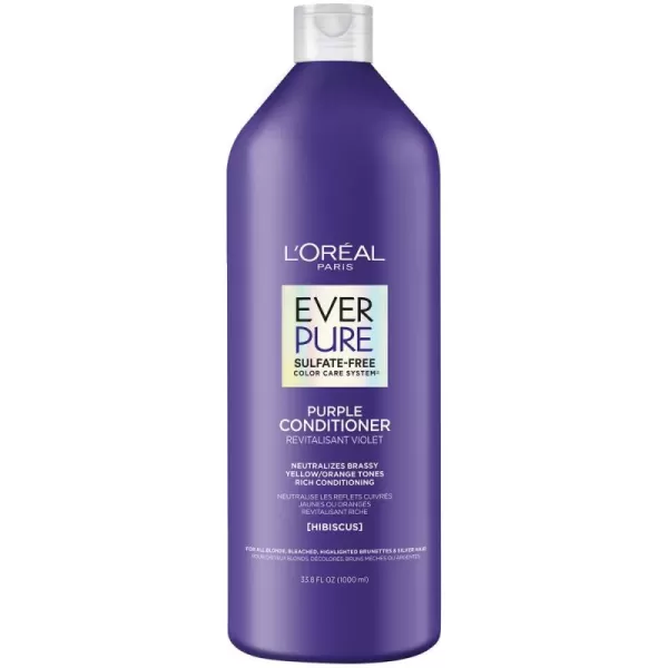 L’Oreal Paris Sulfate Free Brass Toning Purple Conditioner for Blonde, Bleached, Silver, or Brown Highlighted Hair, EverPure, 23 Fl Oz 