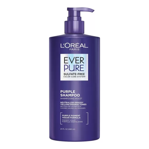 L’Oreal Paris Sulfate Free Brass Toning Purple Shampoo for Blonde, Bleached, Silver, or Brown Highlighted Hair, EverPure, 23 Fl Oz 