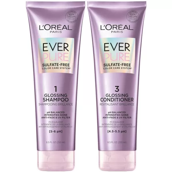 L'Oreal Paris Sulfate Free Glossing Shampoo, Intensifies Hair Shine &amp; Smoothness, pH Balanced &amp; Argan Oil Infused Vegan Hair Care, EverPure, 8.5 Fl Oz