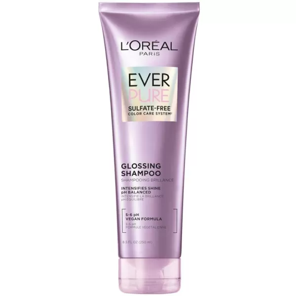 L'Oreal Paris Sulfate Free Glossing Shampoo, Intensifies Hair Shine &amp; Smoothness, pH Balanced &amp; Argan Oil Infused Vegan Hair Care, EverPure, 8.5 Fl Oz