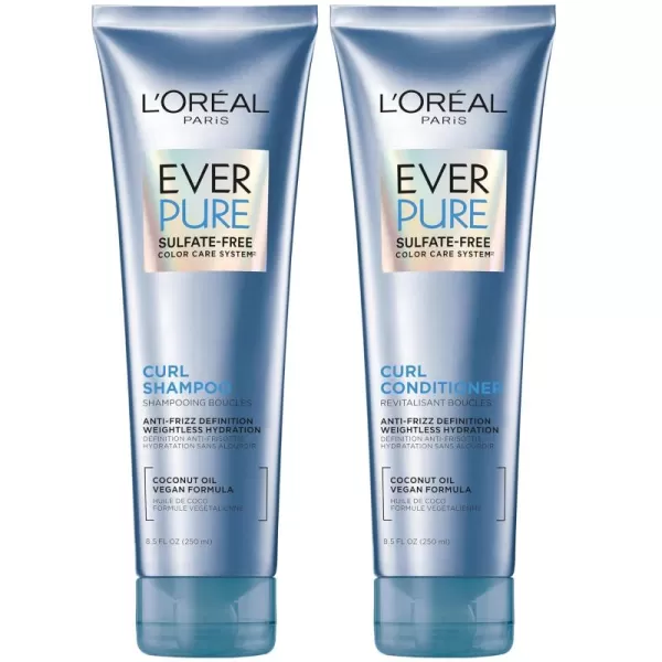 L'Oreal Paris Sulfate Free Shampoo and Conditioner for Curly Hair, Lightweight, Anti-Frizz Hair Care with Coconut Oil, EverPure, 8.5 Fl Oz, Set of 2 