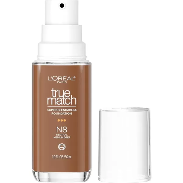 L'Oreal Paris True Match Super-Blendable Foundation, Medium Coverage Liquid Foundation Makeup, W8, Medium Deep, 1 Fl Oz