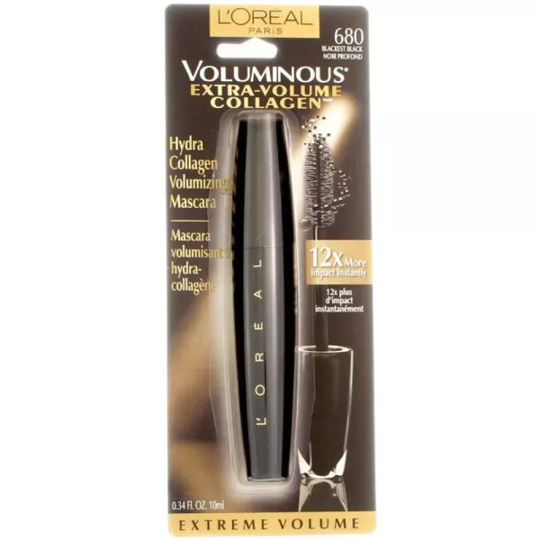 L'Oreal Paris Voluminous Extra Volume Collagen Plumping Mascara, Blackest Black, 0.34 Fl Oz, 2 Count