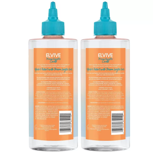 L'Oreal Paris Elvive Dream Lengths Curls No Build-Up Micellar Shampoo, Sulfate,Silicone and Paraben-Free, with Hyaluronic Acid and Castor Oil. Best for Curly to Coily type 3b+ curls 2 Pack, 33.8 fl oz)