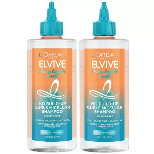 L'Oreal Paris Elvive Dream Lengths Curls No Build-Up Micellar Shampoo, Sulfate,Silicone and Paraben-Free, with Hyaluronic Acid and Castor Oil. Best for Curly to Coily type 3b+ curls 2 Pack, 33.8 fl oz)