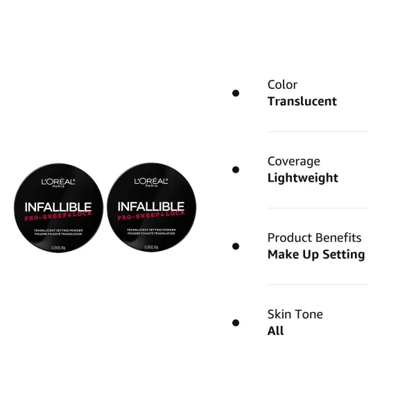 L'Oreal Paris Makeup Infallible Pro Sweep and Lock Translucent Loose Setting Powder, Controls Shine and Blurs Pores, Sets Makeup, Long-Lasting &amp; Lightweight, 2 Count