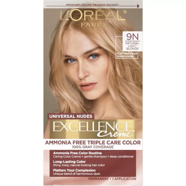 L'Oreal Paris Excellence Creme Permanent Triple Care Hair Color, 9A Light Ash Blonde, Gray Coverage For Up to 8 Weeks, All Hair Types, Pack of 1