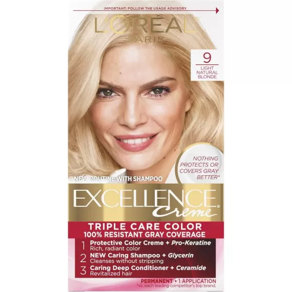 L'Oreal Paris Excellence Creme Permanent Triple Care Hair Color, 9A Light Ash Blonde, Gray Coverage For Up to 8 Weeks, All Hair Types, Pack of 1
