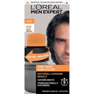 imageLOreal Paris Men Expert One Twist Mess Free Permanent Hair Color Mens Hair Dye to Cover Grays Easy Mix Ammonia Free Application Dark Brown 03 1 Application Kit03 Dark BrownH45