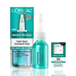 imageLOreal Paris Bright Reveal Dark Spot Exfoliant Peel 25 AHA BHA PHA Face Exfoliator Solution Gentle Skincare to Visibly Reduce Dark Spots and Renew Skin Texture Includes SPF Lotion Sample