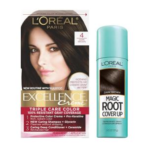 imageLOreal Paris Excellence Creme Permanent Hair Color 4 Dark Brown 100 percent Gray Coverage Hair Dye ampamp LOreal Paris Magic Root Cover Up Gray Concealer Spray Dark Brown 2 oz Pack of 2Natural Dark Brown