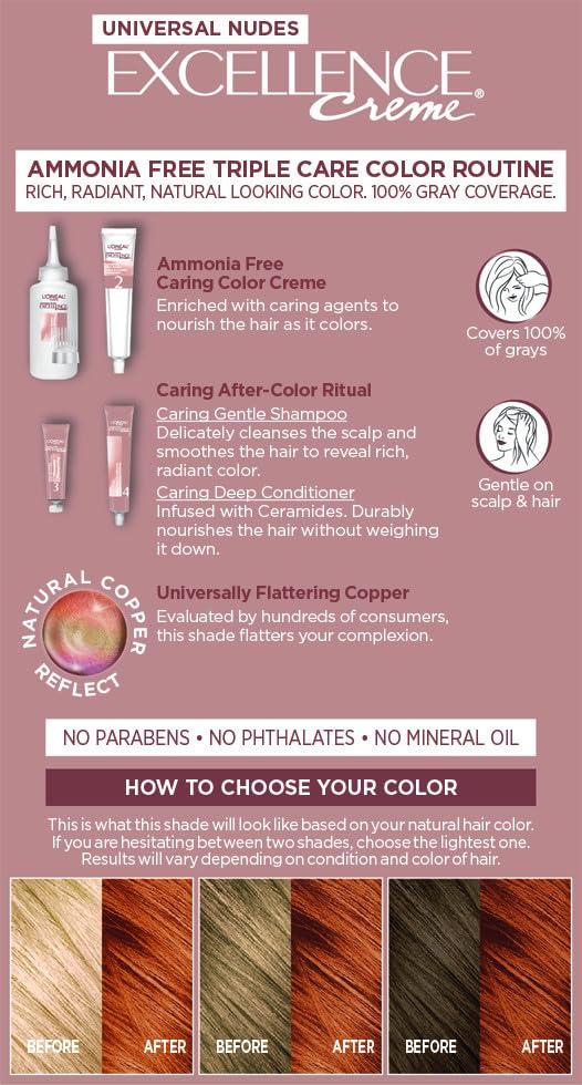 image:imageLOreal Paris Excellence Universal Nudes Permanent Hair Color Ammonia Free Hair Dye for Gray Hair Coverage 6N Natural Light Brown 1 Kit Pack of 2Core Natural Copper