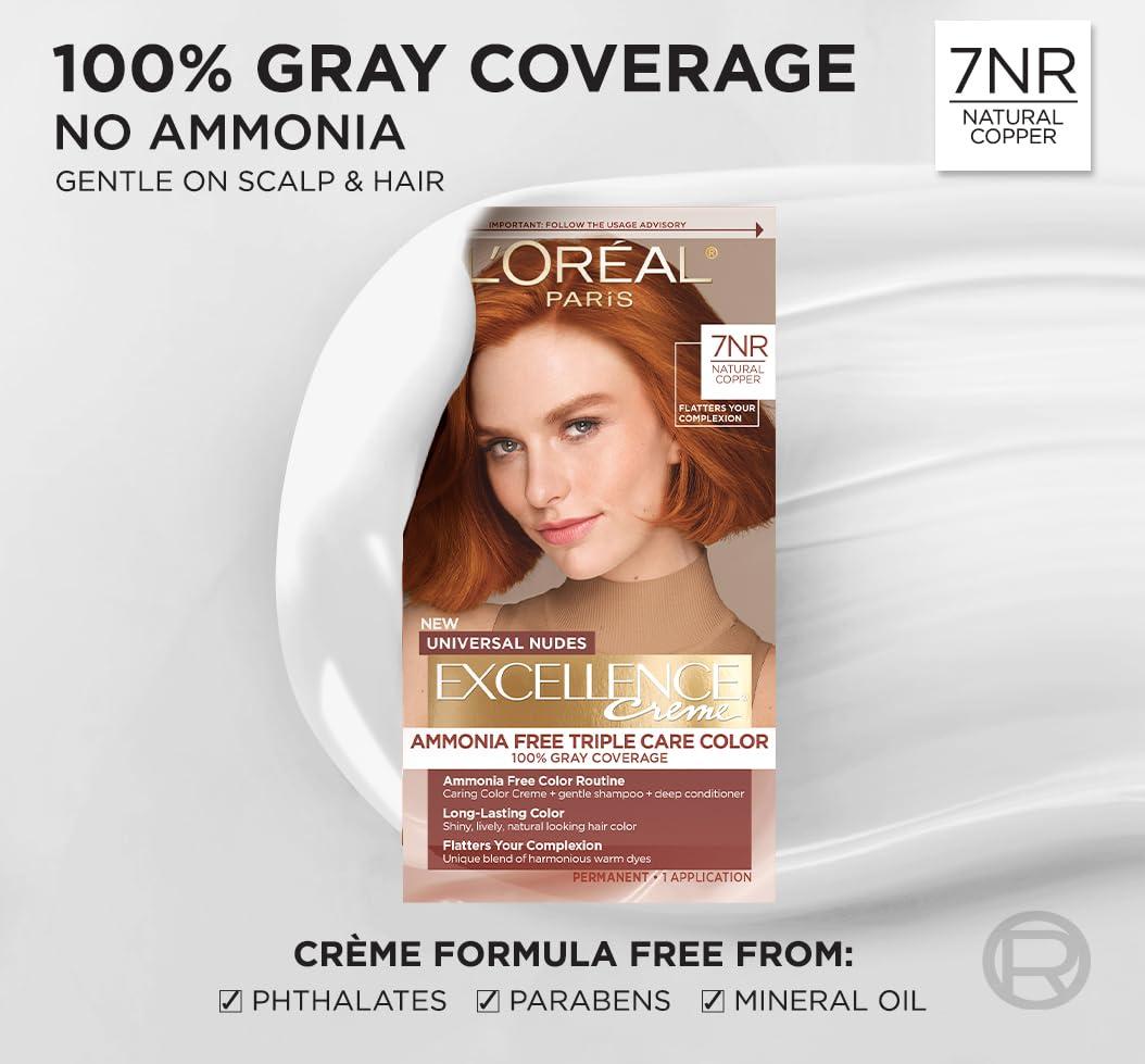 image:imageLOreal Paris Excellence Universal Nudes Permanent Hair Color Ammonia Free Hair Dye for Gray Hair Coverage 6N Natural Light Brown 1 Kit Pack of 2Core Natural Copper