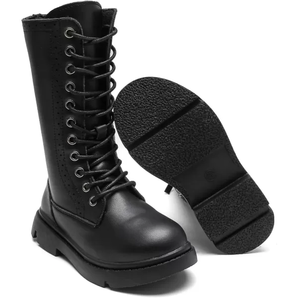 DADAWEN Boys Girls Leather Lace-Up Waterproof Side Zipper Mid Calf Combat Riding Winter Boots 