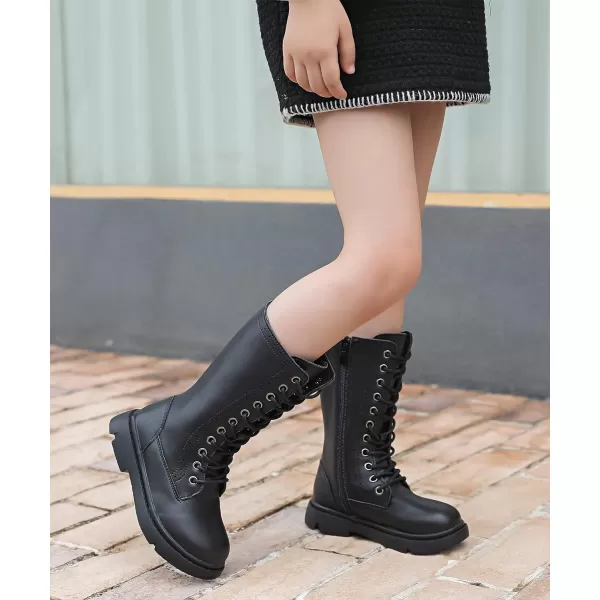 DADAWEN Boys Girls Leather Lace-Up Waterproof Side Zipper Mid Calf Combat Riding Winter Boots 