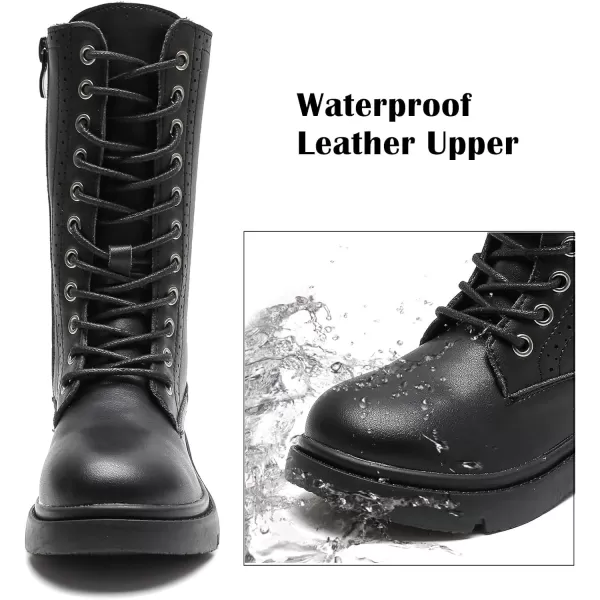 DADAWEN Boys Girls Leather Lace-Up Waterproof Side Zipper Mid Calf Combat Riding Winter Boots 