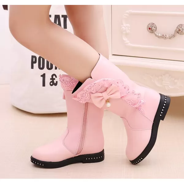 DADAWEN Girl's Waterproof Lace Bowknot Side Zipper Fur Lined Tall Winter Boots )