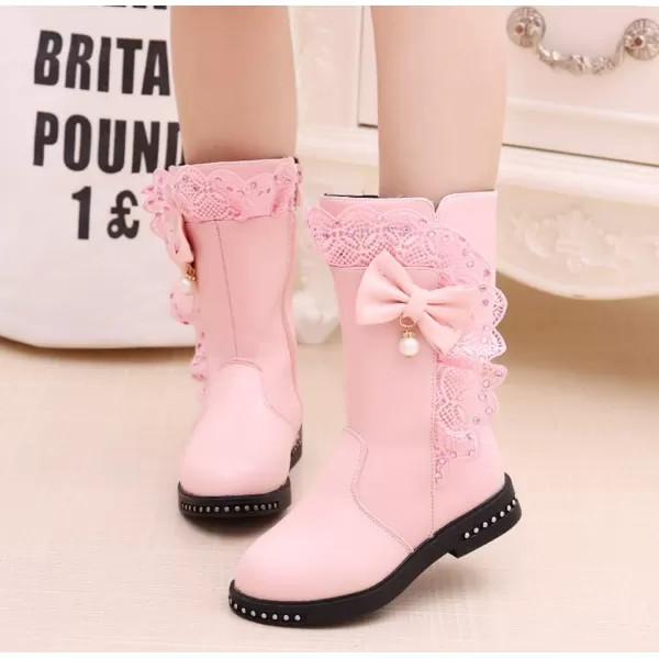 DADAWEN Girl's Waterproof Lace Bowknot Side Zipper Fur Lined Tall Winter Boots )
