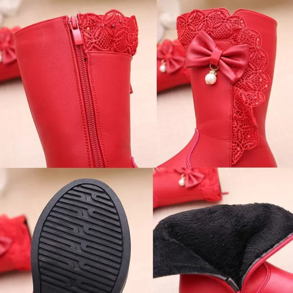 DADAWEN Girl's Waterproof Lace Bowknot Side Zipper Fur Lined Tall Winter Boots )