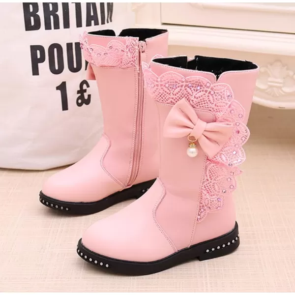 DADAWEN Girl's Waterproof Lace Bowknot Side Zipper Fur Lined Tall Winter Boots )