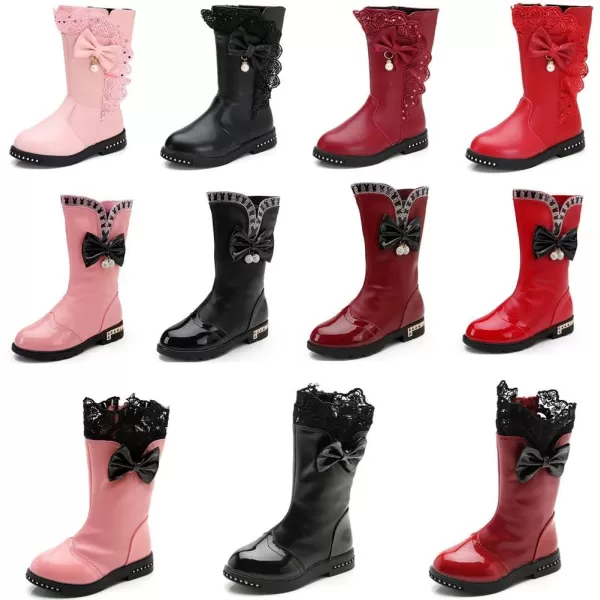 DADAWEN Girl's Waterproof Lace Bowknot Side Zipper Fur Lined Tall Winter Boots )