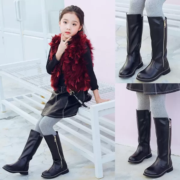 DADAWEN Girls Waterproof Leather Zipper Fur Lined Knee High Winter Riding Boots 