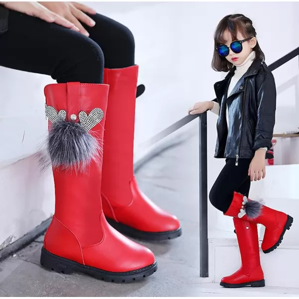 DADAWEN Girl's Waterproof Pom Pom Back Zipper Knee High Winter Riding Boots 